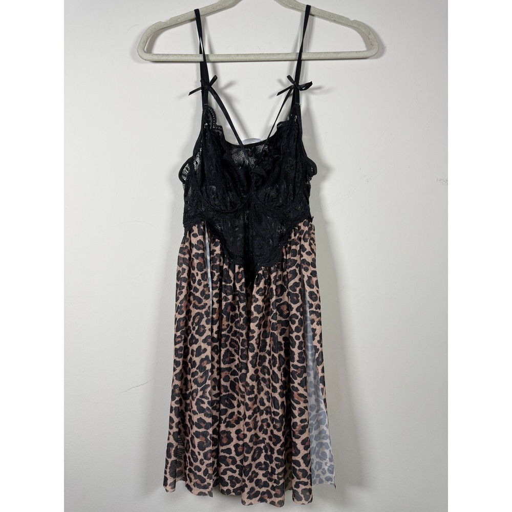 Avidlove Womens Babydoll Chemise Lingerie Black Lace Leopard Print Mesh 16W NWT
